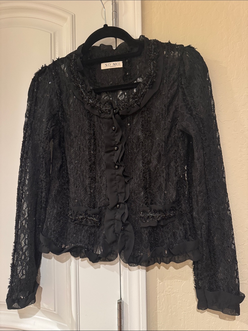 Black Lace Ruffle-Trim Long Sleeve Top